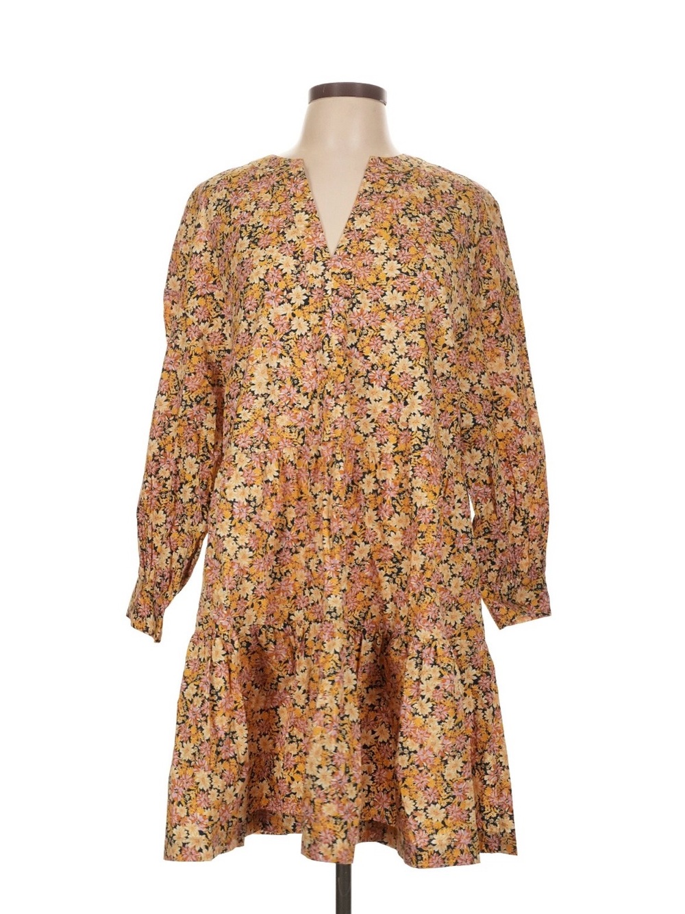 Mango Pink and Yellow Floral Long Sleeve Tiered Dress